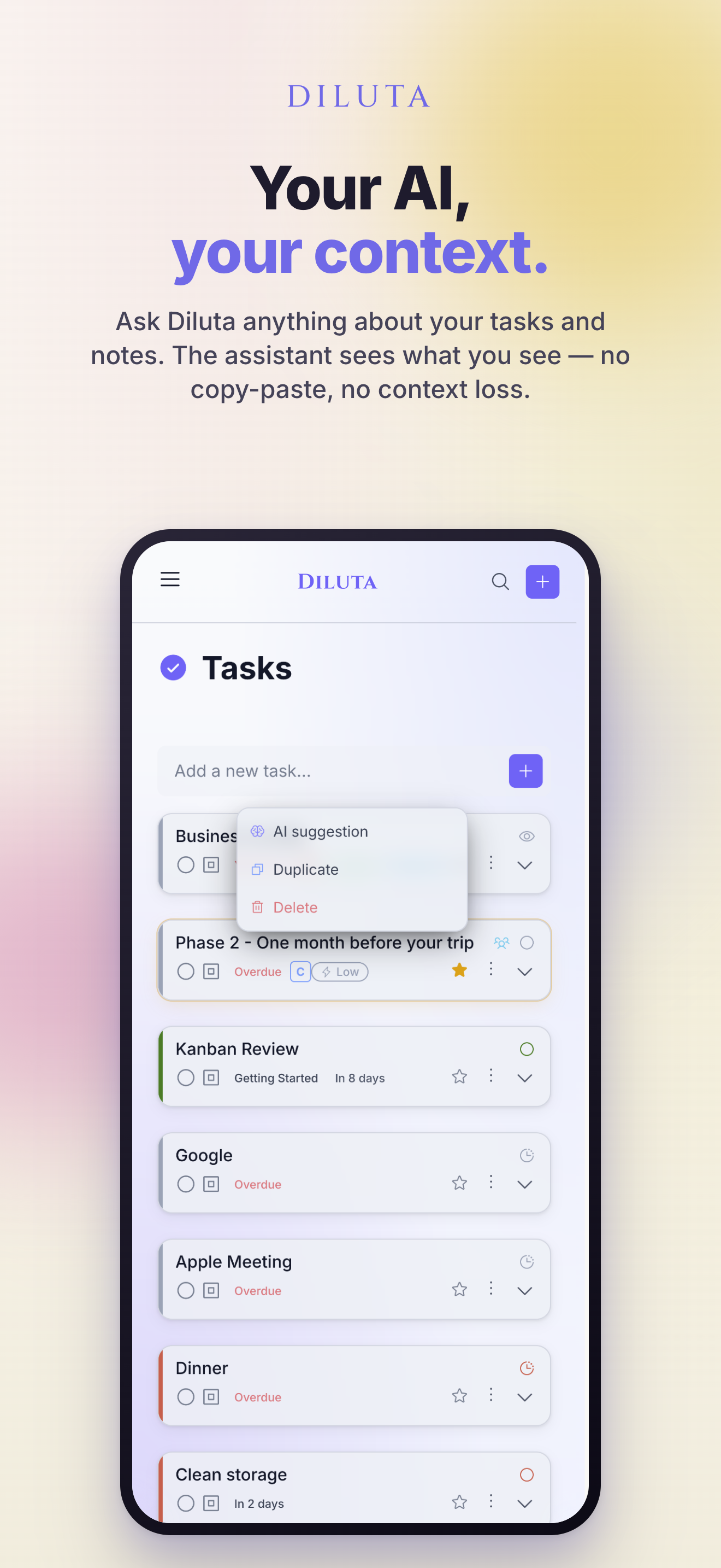 Diluta — Tasks list with the AI assistant available
