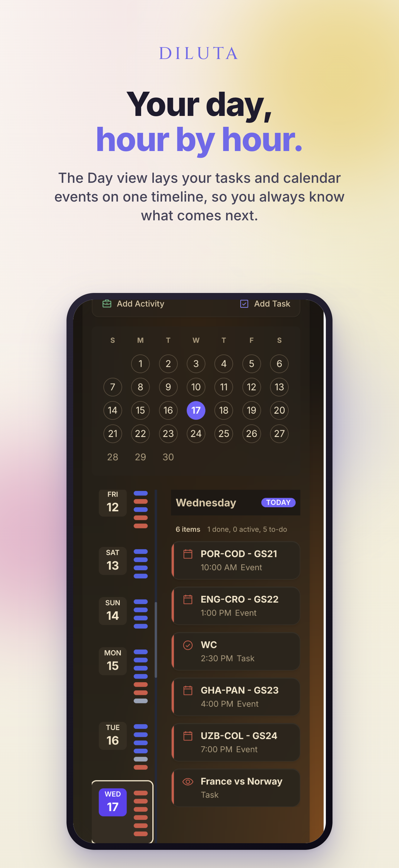 Diluta — Calendar Day view with tasks and events on one timeline