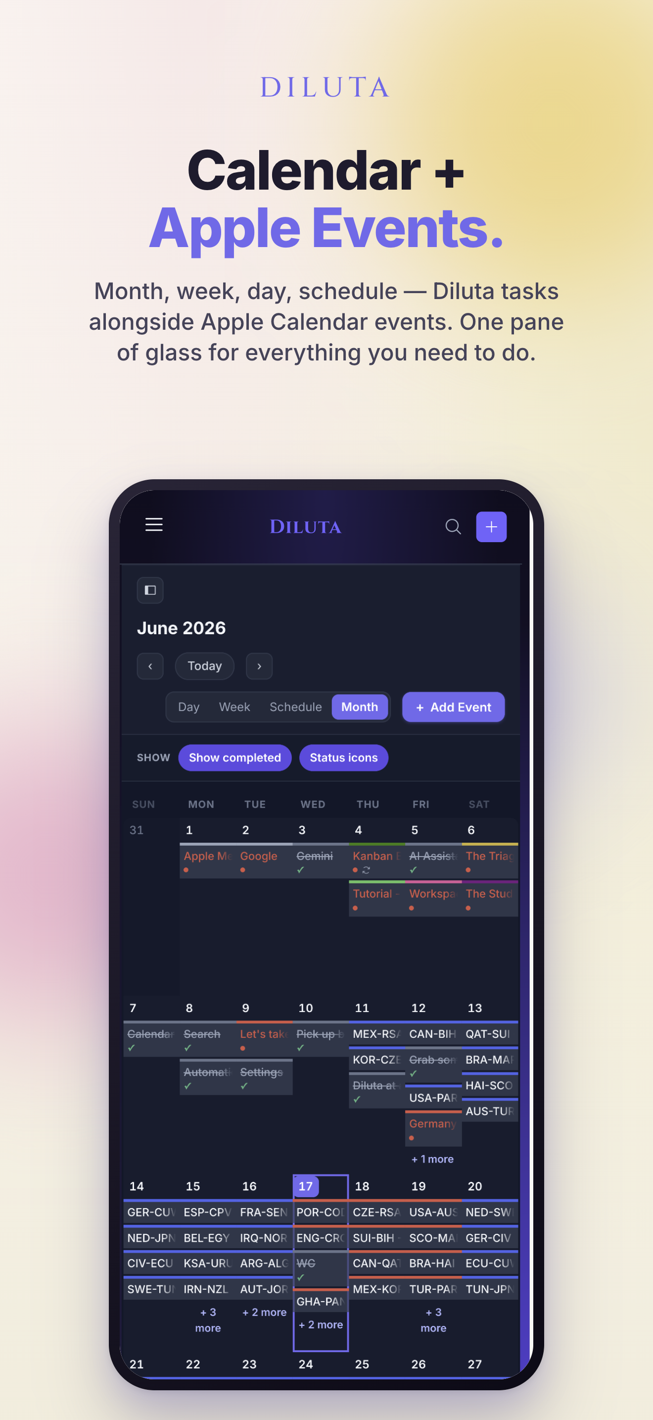 Diluta — Calendar with month grid, day pane, and Apple Calendar events