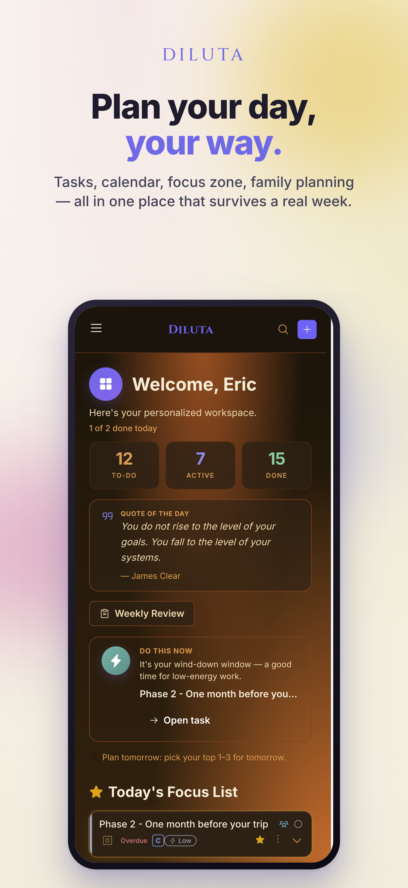 Diluta — Dashboard with welcome, stats, and Today's Focus list