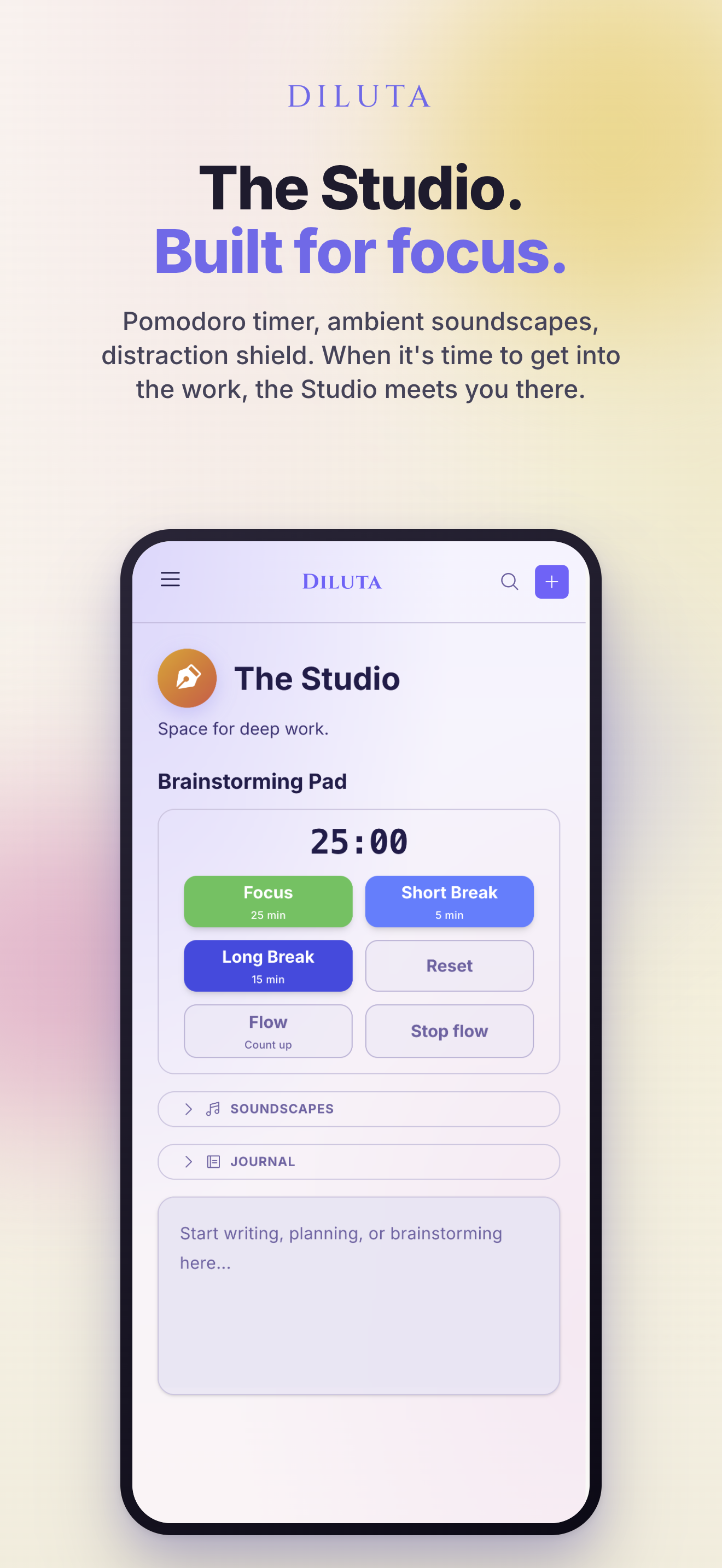 Diluta — Studio focus zone with Pomodoro timer