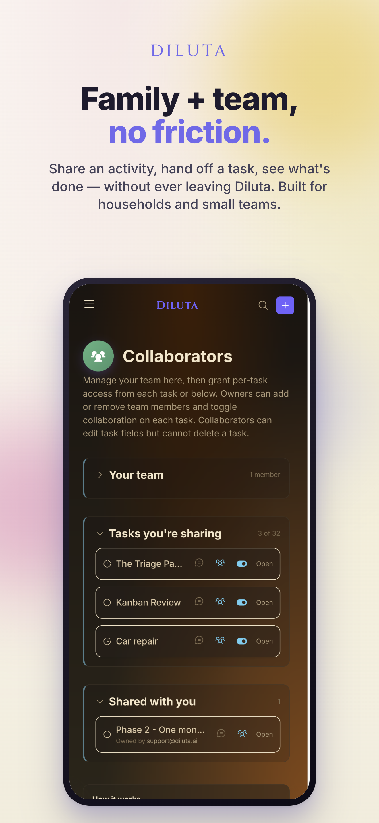 Diluta — Collaborators panel for family and small teams