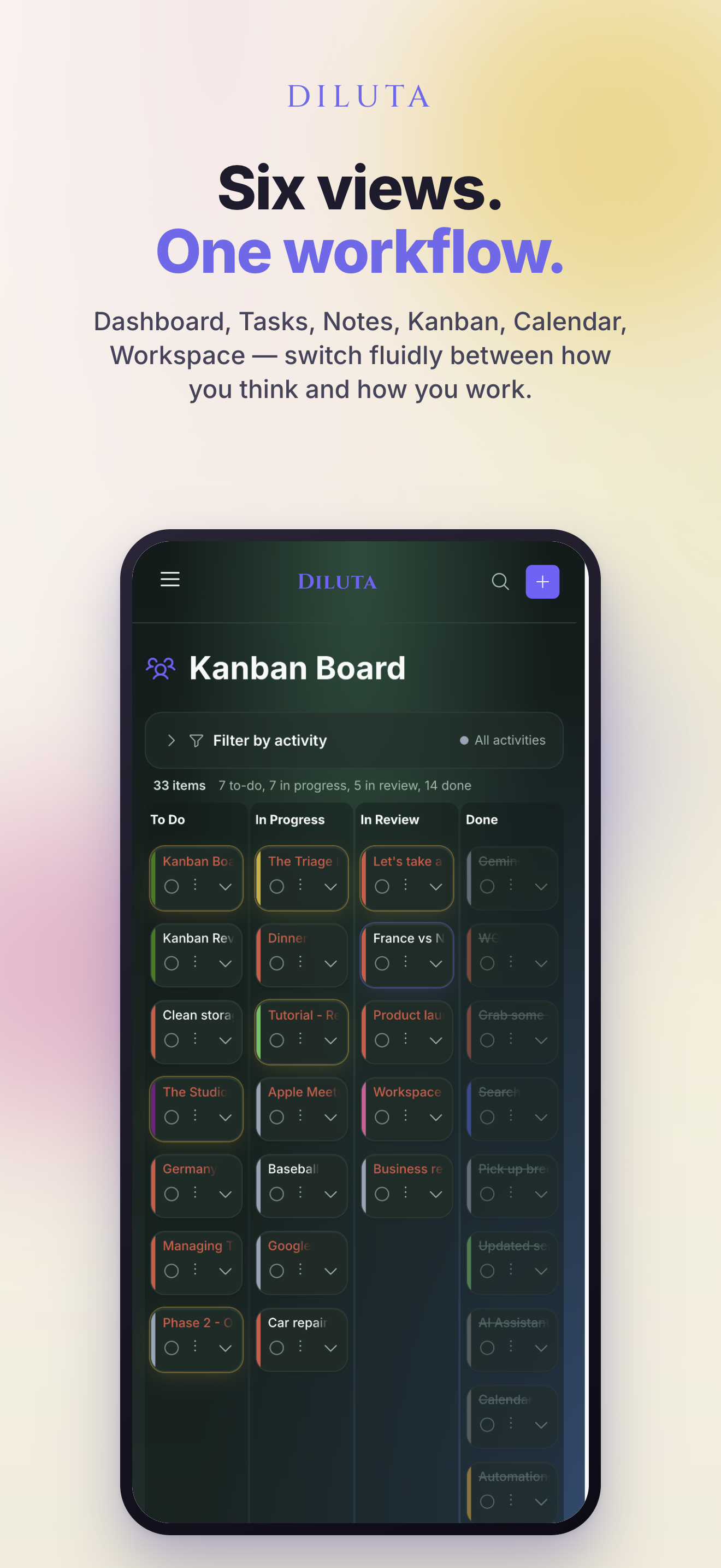 Diluta — Kanban board view of activities