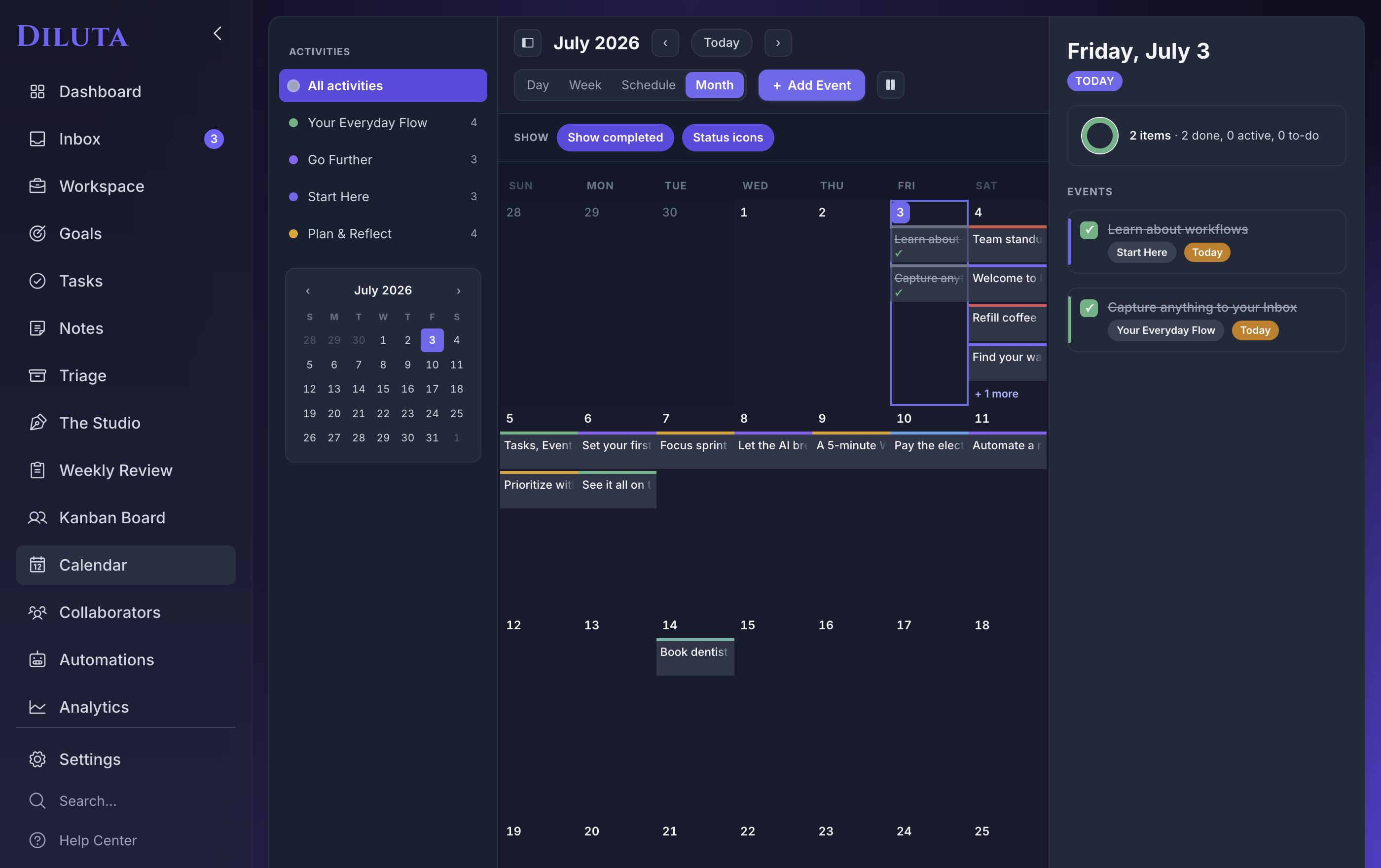 Diluta calendar with tasks and Apple/Google events
