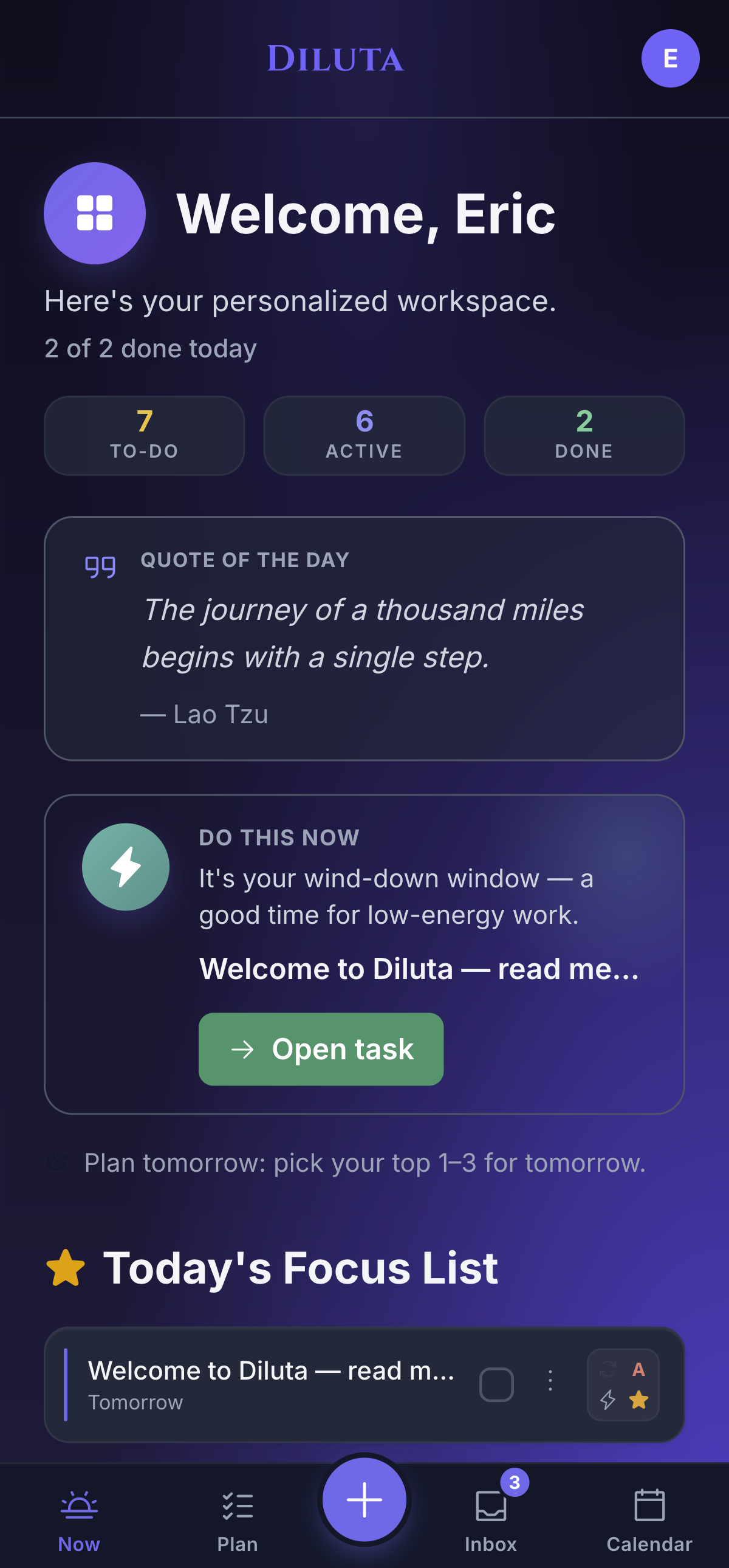 Diluta Now view on iPhone