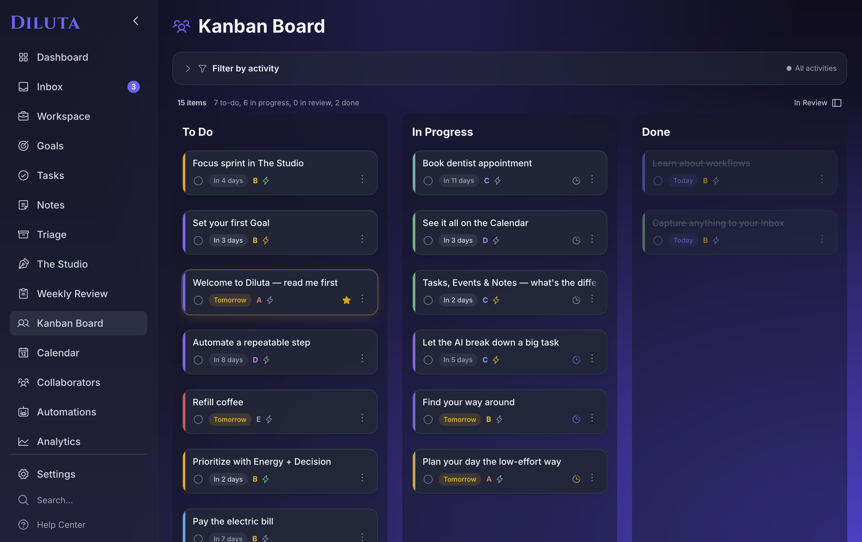Diluta Kanban board