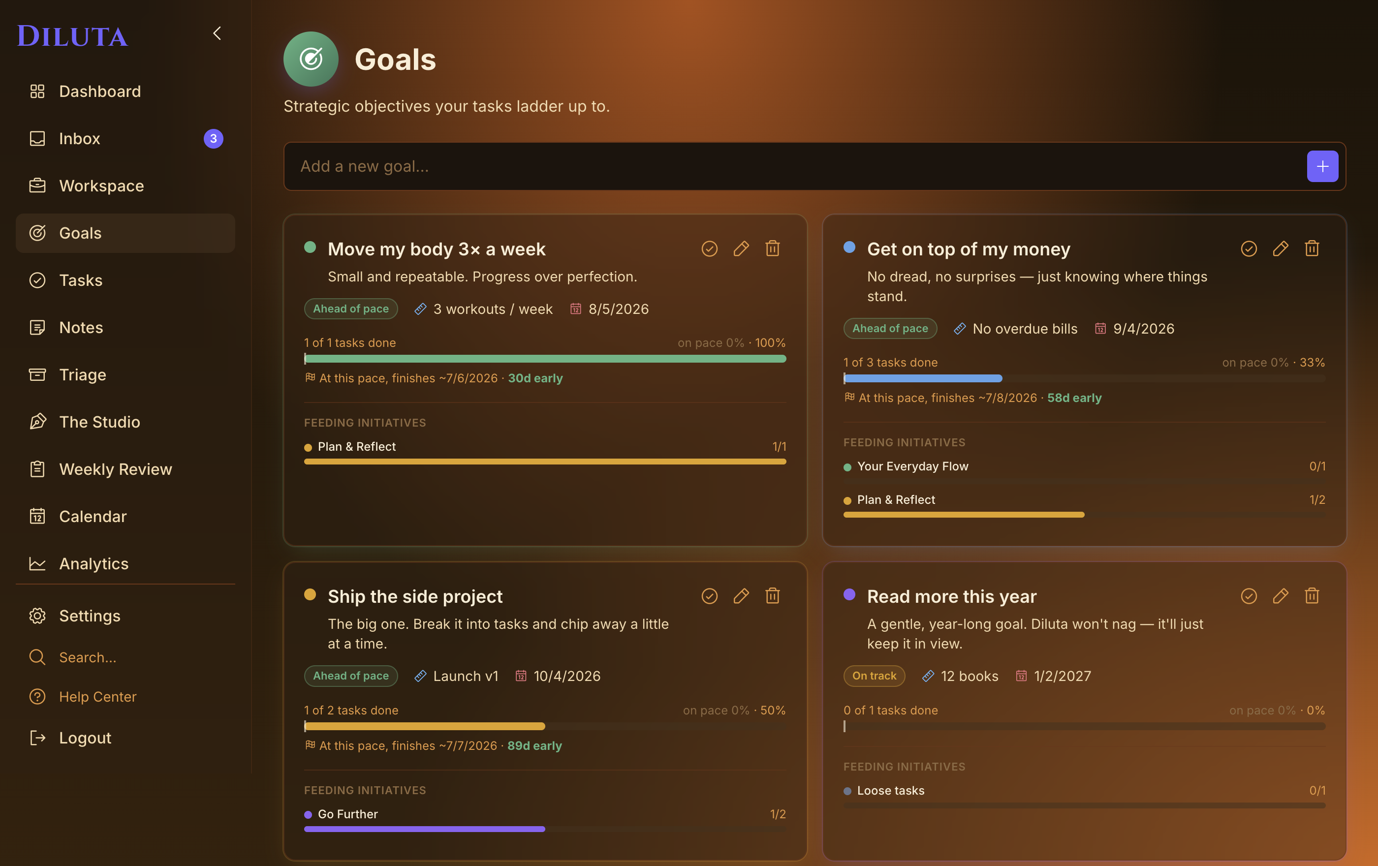 Diluta Goals — objectives your tasks ladder up to