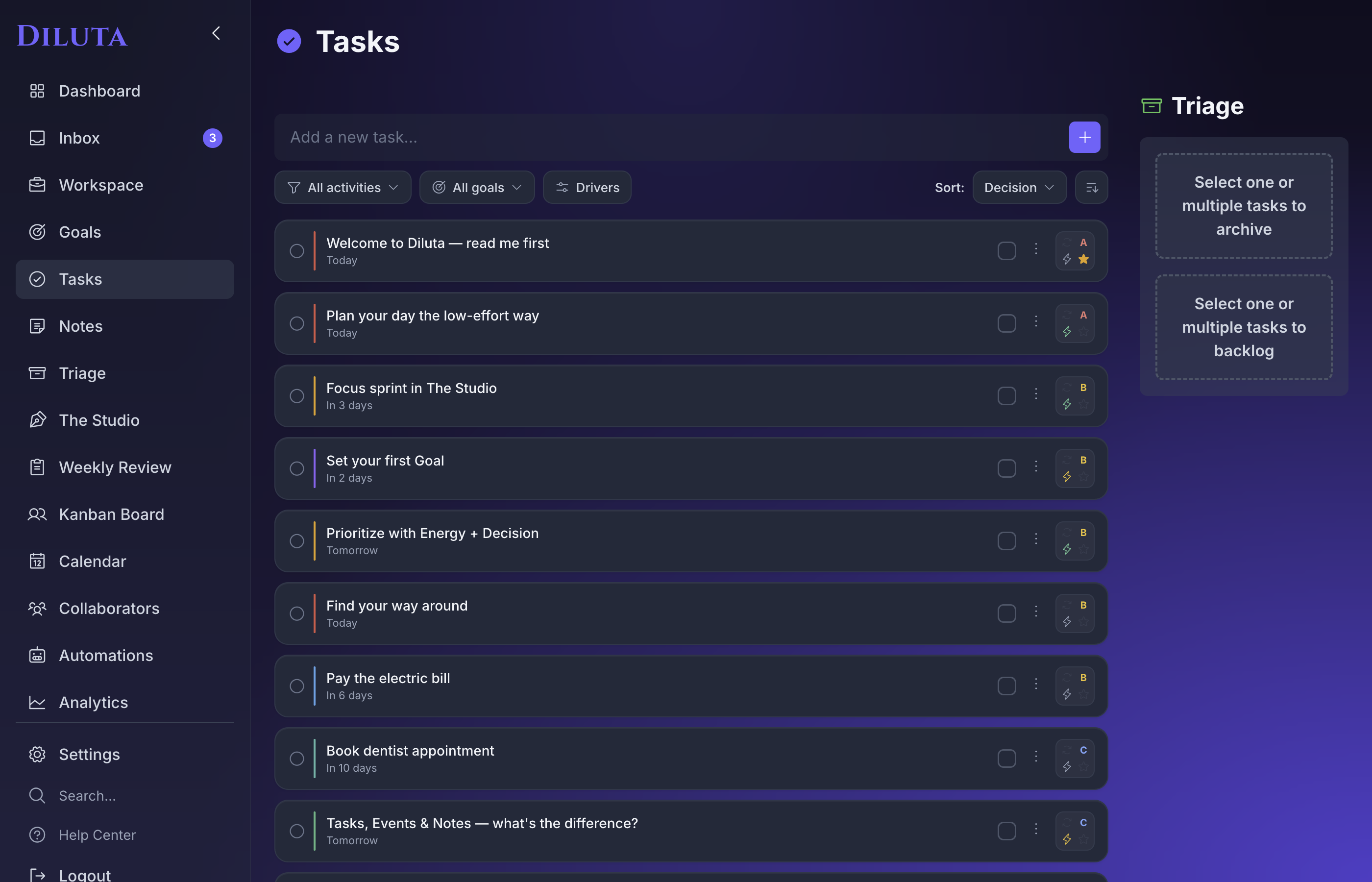 Diluta Plan view with activity, goal and driver filters